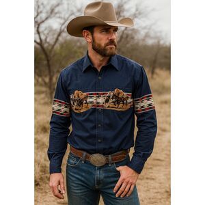 Vintage Wrangler Blue Snap Button Horse Western Shirts Top  Mens Size Medium